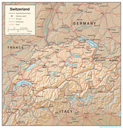 Детальная политическая карта Швейцарии с рельефом, дорогами и городами.