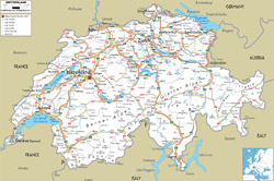 Подробная карта автомобильных дорог Швейцарии со всеми городами и аэропортами.