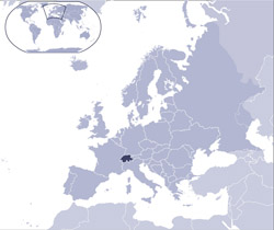 Карта месторасположения Швейцарии на карте Европы.