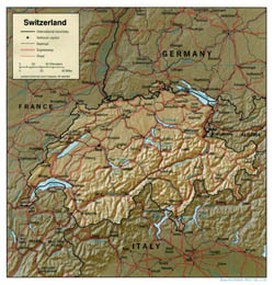 Политическая карта Швейцарии с рельефом, дорогами и городами.