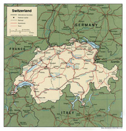 Политическая карта Швейцарии c дорогами и городами.