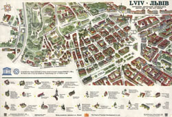 Подробная панорамная и туристическая карта центральной части Львова (центра г. Львов) на украинском и английском языках.