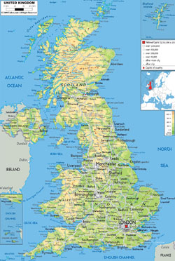 Подробная физическая карта Великобритании со всеми дорогами, городами и аэропортами.