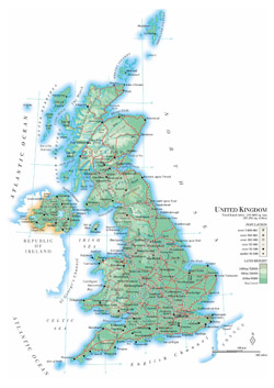 Детальная физическая карта Великобритании с дорогами, городами и аэропортами.