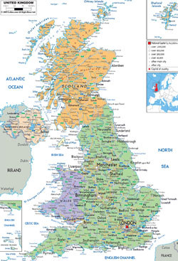 Детальная политическая и административная карта Великобритании со всеми дорогами, городами и аэропортами.