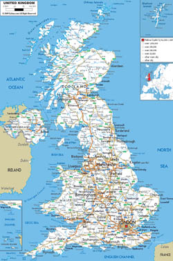 Подробная карта автомобильных дорог Великобритании со всеми городами и аэропортами.