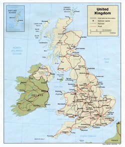 Политическая карта Великобритании с дорогами и городами.