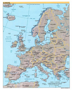 Политическая карта Европы с рельефом и столицами.
